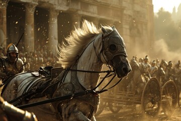 Horse-drawn Roman triumphal chariot, celebrating a victorious general's return, a scene of triumph and celebration as a horse-drawn Roman chariot marks a victorious general's return. - obrazy, fototapety, plakaty