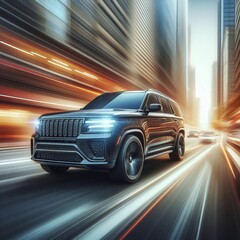 Obraz premium SUV type car miving along street. AI generated illustration