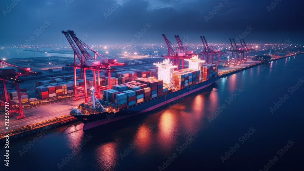 Wall mural container ship unloading in deep sea port, aerial business commercial trading logistic import and ex