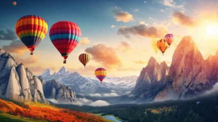 Fototapeta premium Colorful hot air balloons flying over mountain