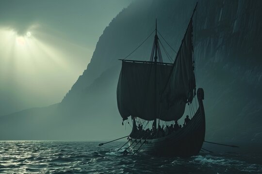 Silhouetted ancient Viking longship sailing on open seas with determined warriors, a powerful silhouette of an ancient Viking longship sailing with determined warriors on the open seas.