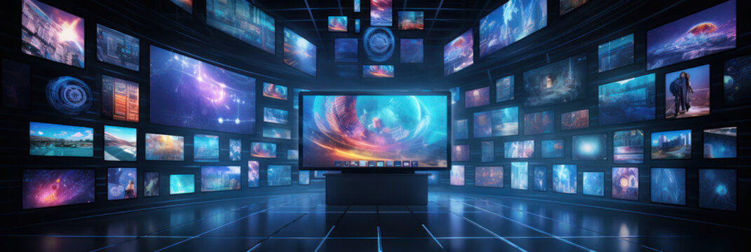 Digital contents concept. Social networking service. Streaming video. NFT. Non-fungible token. Wide angle visual for banners or advertisements