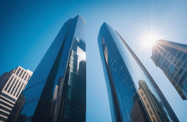 Financial district area bottom view among blue sky. Modern office building or business center. High-rise buildings made of glass reflect the clouds and the sunlight. Looking directly up. Skyscrapers
