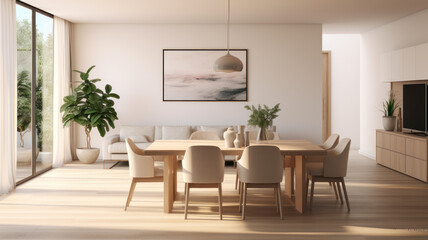 Modern interior design of apartment, dining room with table and chairs, empty living room