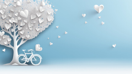 paper cut Valentine's day background with a bike and a tree made out of white hearts