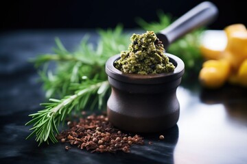 olive tapenade in a mortar and pestle with fresh herbs - obrazy, fototapety, plakaty