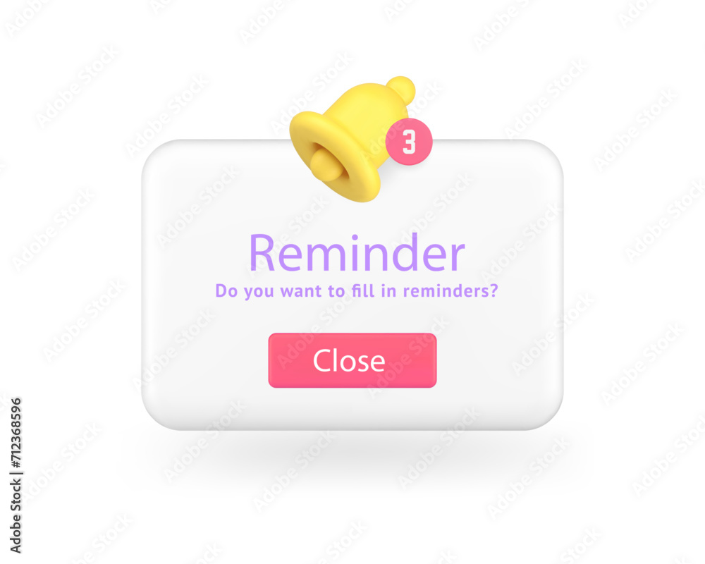 Poster reminder push notification window settings application button ring bell 3d icon realistic vector