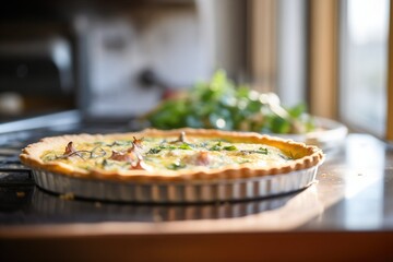 quiche in an open oven, golden crust illuminated by light