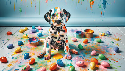 Dalmatian Puppy Sitting in Front of Painted Easter Eggs - obrazy, fototapety, plakaty