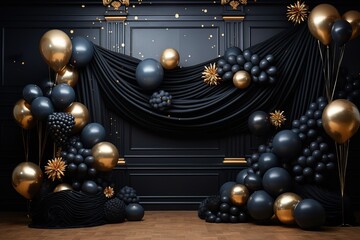 black with golden curtain birthday stage with balloons frames,