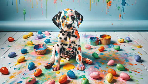 Dalmatian Puppy Sitting in Front of Painted Easter Eggs
