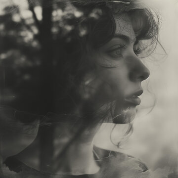 black and white photo with double exposure of woman standing near the window