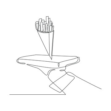 recommend clip art: Continuous single line sketch drawing of hand holding food tray french fries potato chips. One line art of junkfood snack complementary food vector illustration