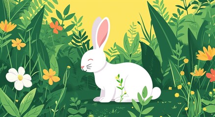 cute Easter bunny on a light background with flowers and plants around. flat illustration