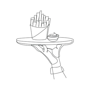 recommend clip art: Continuous single line sketch drawing of hand holding food tray french fries potato chips. One line art of junkfood snack complementary food vector illustration