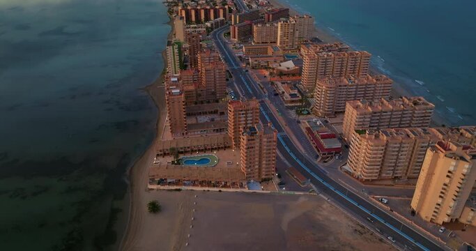 Aerial view of La Manga del Mar Menor beach in Murcia Spain Mediterranean Sea