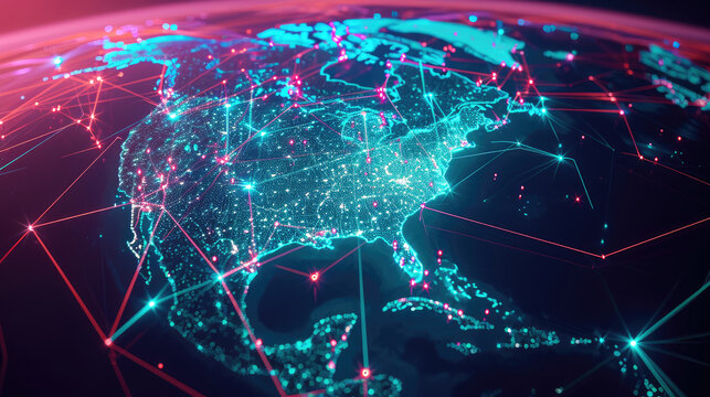A cybernetic view of North America with bright neon lines linking key technological hubs  on a red background depicting worldwide connectivity.
