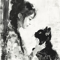 Asian girl in traditional clothes with a cat,  black and white graphic ink illustration 
