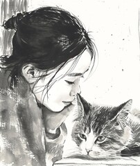 Asian girl in traditional clothes with a cat,  black and white graphic ink illustration 