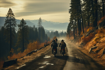 Motorcyclists riding on a paved road in the mountains amidst the forest with cloudy sky - obrazy, fototapety, plakaty