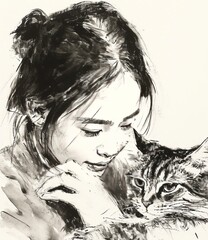 Fototapeta premium Asian girl in traditional clothes with a cat, black and white graphic ink illustration 