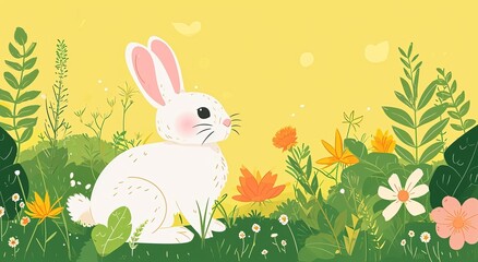 cute Easter bunny on a light background with flowers and plants around. flat illustration