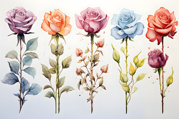 Set of watercolor floral elements isolated on white background. Botanic illustration. Roses for greeting cards, invitations, and manicure designs. Generative AI.