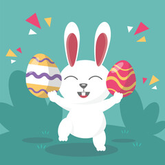 Cute rabbit with easter eggs, Happy Easter bunny, vector illustration.