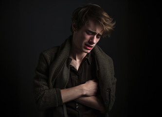 Obraz premium Young man pressing his hands to chest with facial expression pain, having a heart attack over black background.