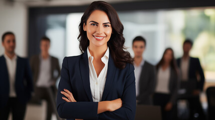 A poised and smiling businesswoman with crossed arms stands in front of her team, portraying leadership and team unity in a corporate setting.