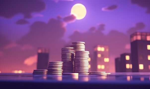 apartament and stack of coins with purple sky background, isometric 3d, octane render. Generative Ai



