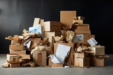 A pile of cardboard waste is stacked in one place. Dump. the concept of reuse - obrazy, fototapety, plakaty