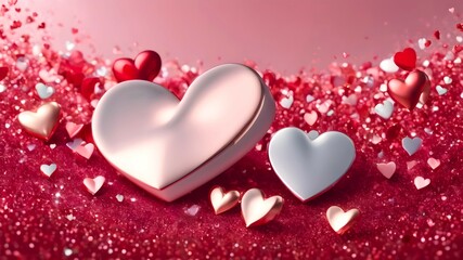 Cute silver hearts on shining red crystals, on a pink background. Background for Valentine's card