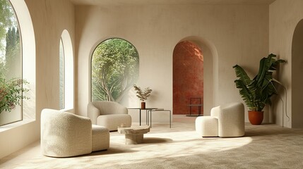 an image of an sitting area with beige furniture and a window, in the style of pastel colors, curvaceous simplicity, light emerald and light crimson, textured canvas, arched doorways, nature-inspired