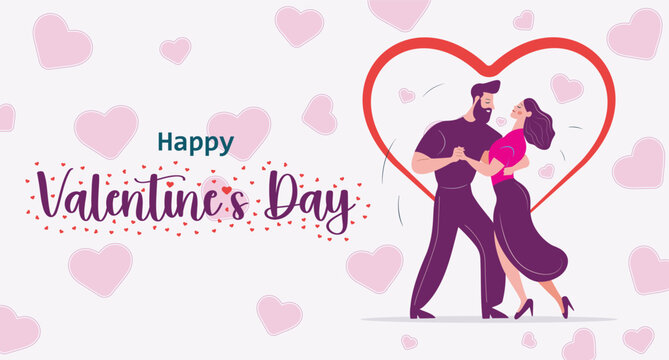 Happy Valentines day - couple man and woman dancing on hearts for valentines day typography greeting card