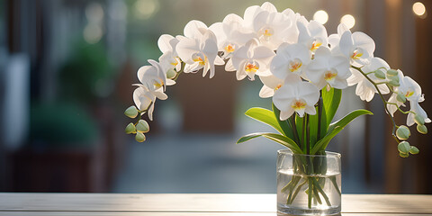 Beautiful white orchid flowers in vase on wooden table indoors
