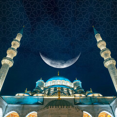Islamic background image. Crescent moon and mosque with islamic pattern
