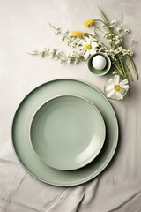 A serene Easter table setting capturing the freshness of spring with delicate floral accents and a single egg in a soft green cup, epitomizing gentle new beginnings. 