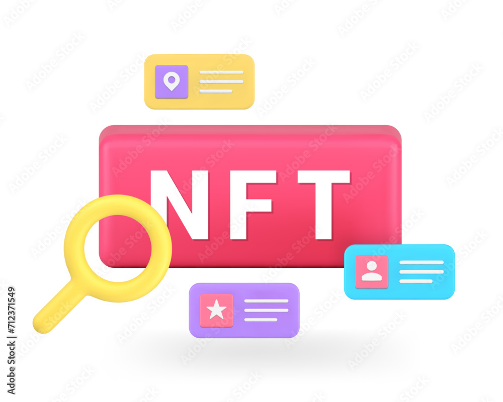Poster nft media file management library searching image video in digital database 3d icon realistic vector