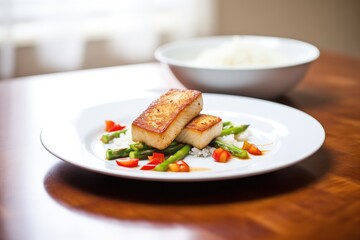 pan-seared tofu with asparagus and red chili