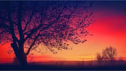Naklejka premium The vivid sunset sky transitioning from orange to purple behind the silhouette of a tree 