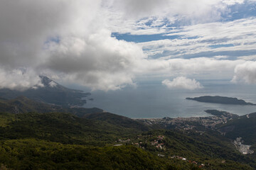 View from the mountain range to the Adriatic coast of the sea and the city of Budva, Montenegro.
