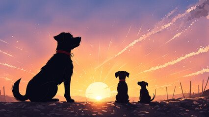 dog and puppies watching sunset, digital art, illustration