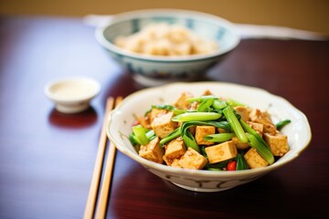 stir-fried tofu with sliced scallions and sesame oil