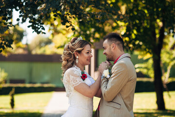 wedding couple walking on the street