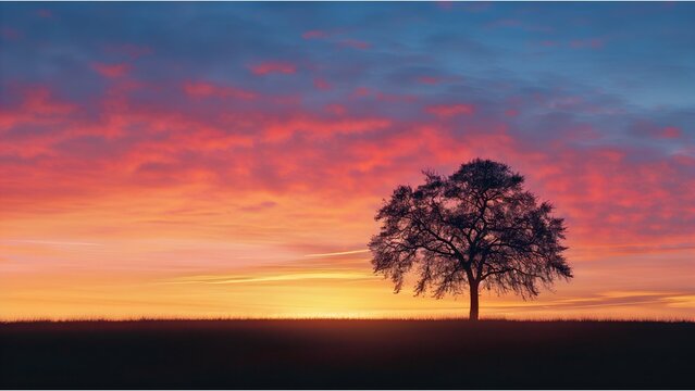 The vivid sunset sky transitioning from orange to purple behind the silhouette of a tree
