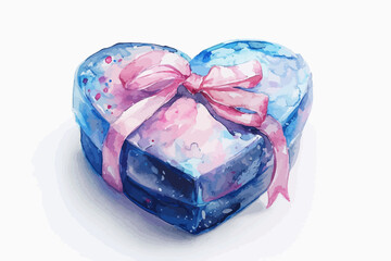 heart shaped gift box Watercolor vector illustration , blue and pink, Valentine's Day gift, Valentine's Day confession, Happy Valentine's Day