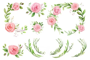 Raamstickers Bloemen Watercolor frames of roses, leaves, branches. Hand-drawn pink flowers, green leaves in festive frames
