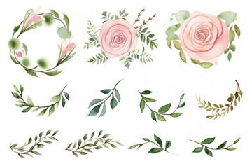 Watercolor frames of roses, leaves, branches. Hand-drawn pink flowers, green leaves in festive frames