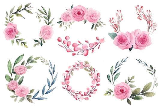 Watercolor frames of roses, leaves, branches. Hand-drawn pink flowers, green leaves in festive frames